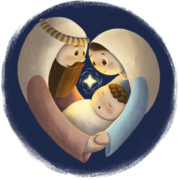 Ilustraci&oacute;n tierna de Jose y Maria en forma de coraz&oacute;n mirando y cargando en brazos al ni&ntilde;o Jes&uacute;s con una estrella de belen en medio  y fondo azul oscuro, pesebre navide&ntilde;o, diciembre, santa familia