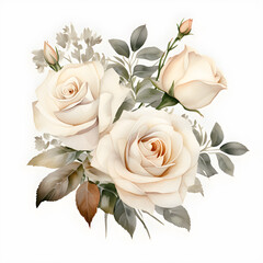 watercolor white roses on white background.