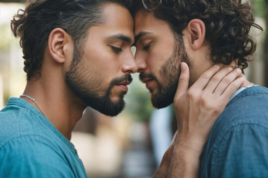 Momento &iacute;ntimo entre dos hombres que se acercan, se tocan la frente y la nariz, cierran los ojos en un gesto tierno y afectuoso.