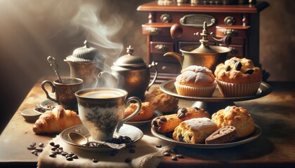 Cozy breakfast with a steaming cup of coffee in an antique cup and traditional pastries, set against a charming, blurred backdrop of a small, antique bar, evoking a warm, nostalgic feel.
 - obrazy, fototapety, plakaty