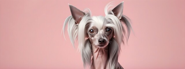 Studio portraits of a funny Chinese Crested dog on a plain and colored background. Creative animal concept, dog on a uniform background for design and advertising.