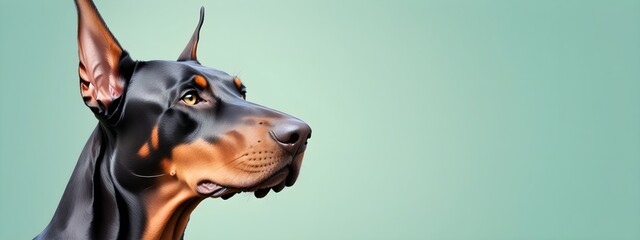 Studio portraits of a funny Doberman dog on a plain and colored background. Creative animal concept, dog on a uniform background for design and advertising. - obrazy, fototapety, plakaty