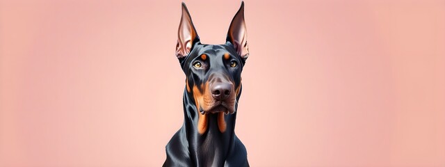 Studio portraits of a funny Doberman dog on a plain and colored background. Creative animal concept, dog on a uniform background for design and advertising.