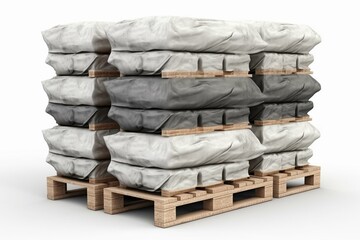 Stacked cement bags on wooden pallets, isolated on white background. 3D rendering. Generative AI