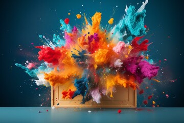 Fototapeta na wymiar Colorful explosion from a box on blue background. Generative AI