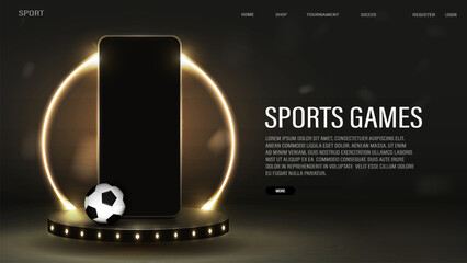 A web banner with a smartphone and a 3d soccer ball on a podium with burning lamps. A concept for sports betting.