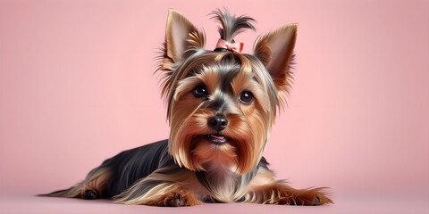 Studio portraits of a funny Yorkshire Terrier dog on a plain and colored background. Creative animal concept, dog on a uniform background for design and advertising.