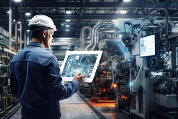 Man using a tablet in a factory, using technology to enhance processes - automation in the work place in a factory or industrial environment