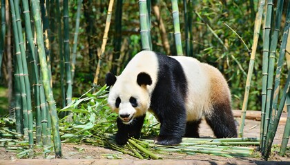 Fototapeta premium Curious panda bear foraging in a dense bamboo thicket, in its natural environment