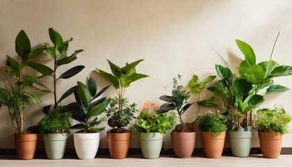 Diverse collection of houseplants in terracotta pots against a neutral wall, a home jungle