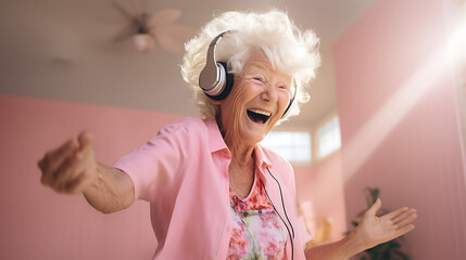 A happy person dancing wearing headset and listening music
