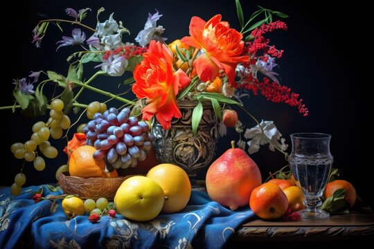 still life with fruits and flowers