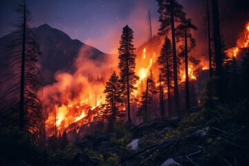 Fire burning through mountainside forest at night. Generative AI