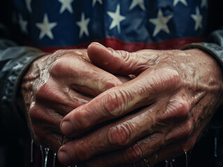 Fototapeta premium American Flag in Weathered Hands with Raindrops