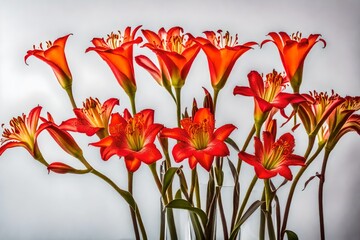 bouquet of tulips, A bunch of kaffir lilies, their vibrant orange petals reaching towards the sky, are meticulously arranged in a glass vase
