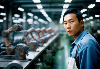 Industrial worker in the assembly line. Asian man worker in factory