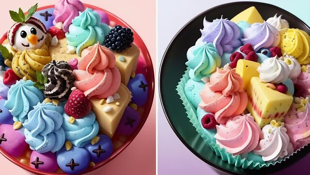 Colorful dessert bowls with fresh fruits and whipped cream