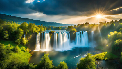 A dreamy landscape with a beautiful waterfall, filled with tranquility.