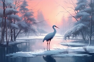 Winter landscape with crane bird. Generative AI