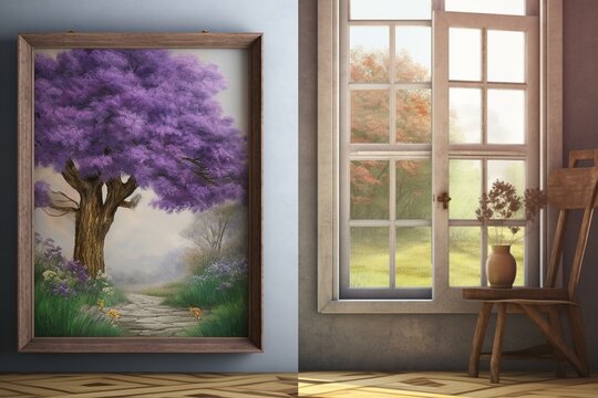 A frame with a tree and a purple flowered tree in the background, and a window with a picture of a tree with purple flowers. Generative AI