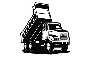 Vector illustration of a dump truck silhouette in black and white. Isolated tipper truck vector, ideal for industries related to trucks. Frontal view of the truck. - obrazy, fototapety, plakaty