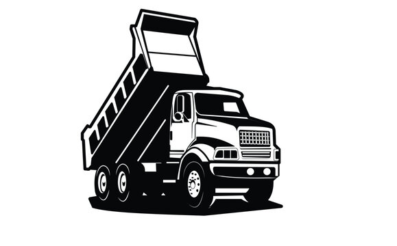 Vector illustration of a dump truck silhouette in black and white. Isolated tipper truck vector, ideal for industries related to trucks. Frontal view of the truck.