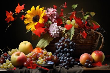 Naklejka na ściany i meble still life with fruits and flowers