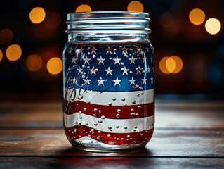 American Flag in Water Droplet-Filled Mason Jar