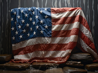 American Flag Against Stone Wall with Water Droplets
