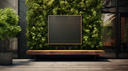 Fotobehang Mockup of outdoor blank sign for restaurant or cafe name, branding or logo. Empty signature template in natural plant leaves, wood and black panel style.  © IndigoElf