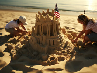 Beachside Family Bonding with Sandcastle and American Flag