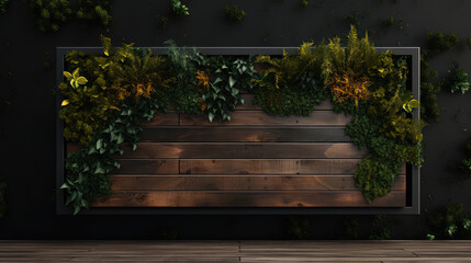 Mockup of outdoor blank sign for restaurant or cafe name, branding or logo. Empty signature template in natural plant leaves, wood and black panel style. 