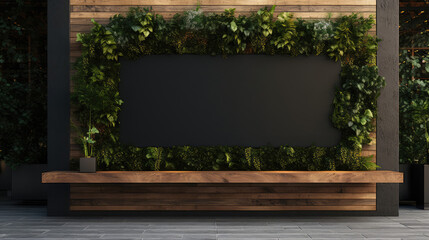 Mockup of outdoor blank sign for restaurant or cafe name, branding or logo. Empty signature template in natural plant leaves, wood and black panel style. 