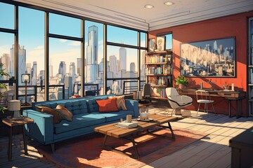 An illustration of a modern living room inside an urban apartment in New York City. Generative AI