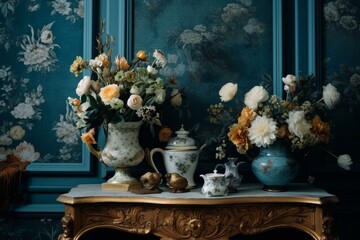 Vintage wallpaper with intricate rococo blooms and dreamy details in a retro blue and gold aesthetic, exuding a luxurious fairytale vibe. Generative AI