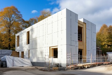 Fototapeta na wymiar Modern building construction site with rockwool facade for thermal protection and energy efficiency. Generative AI