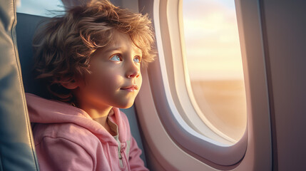 Small child sit in the passenger seat on airplane and look dreamily out the porthole window at the sky. Traveling by airplane with children, portrait. - obrazy, fototapety, plakaty