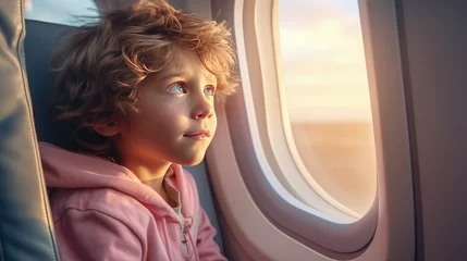 Poster Small child sit in the passenger seat on airplane and look dreamily out the porthole window at the sky. Traveling by airplane with children, portrait. © IndigoElf