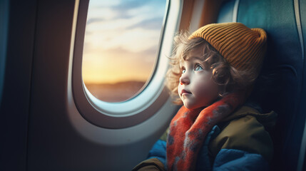 Small child sit in the passenger seat on airplane and look dreamily out the porthole window at the sky. Traveling by airplane with children, portrait.