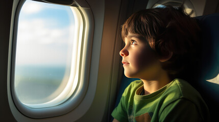 Small child sit in the passenger seat on airplane and look dreamily out the porthole window at the sky. Traveling by airplane with children, portrait.