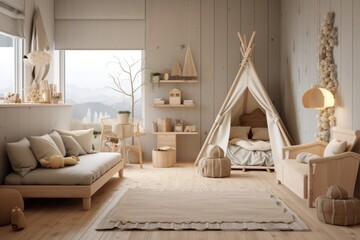 Fototapeta na wymiar Scandinavian Style Childrens Room in natural colors and Play Tent