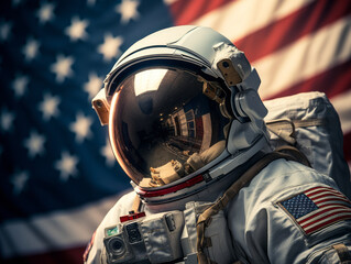 Low Angle Portrait of a NASA Astronaut, American Flag Backdrop - obrazy, fototapety, plakaty