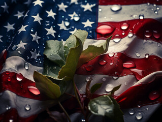 American Flag in Wind with Heavy Water Droplets