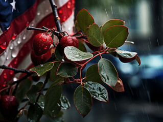 Glistening American Flag on Rainy Tree Branch