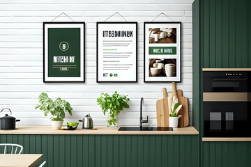 Mock up poster frame in kitchen interior and accessories with white brick slatted wall background