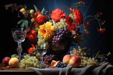 still life with fruits and flowers
