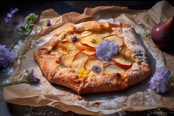 Galette with pears and edible flowers, colorful homemade tart, baking with the edible flower tart or pie.