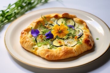 Vegetarian tart or pie zucchini cheese and edible flower. Trendy food. Homemade healthy vegetable pie or quiche. Appetizer, delicious snack.