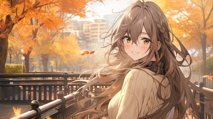 Anime illustration of a female college student on campus, autumn background