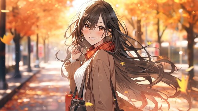 Anime illustration of a female college student on campus, autumn background